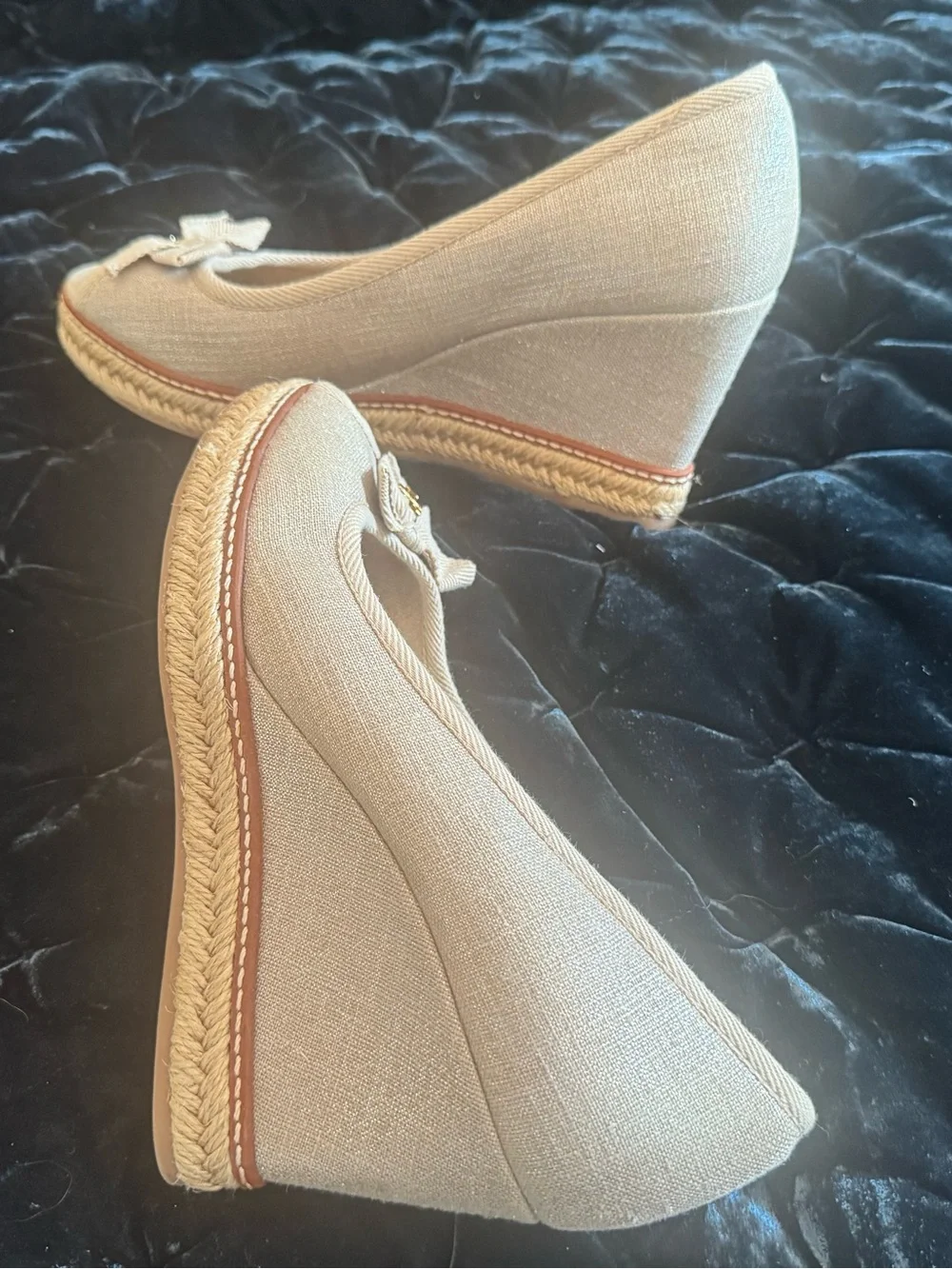 Tory Burch Neutral Beige Bow Espadrille Peep-Toe Flats